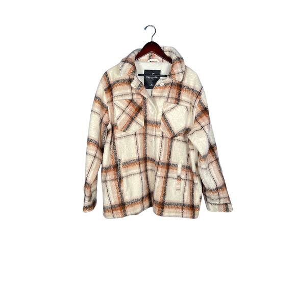 Hollister Jacket Womens XL Brown/Cream Plaid Lined Button-up Pockets Streetwear - Picture 1 of 6